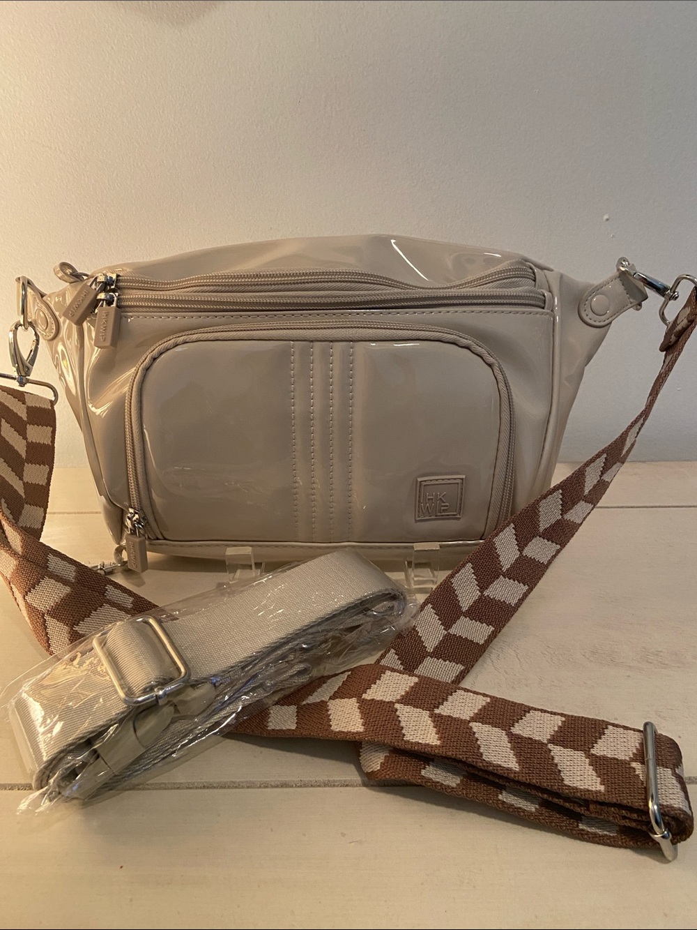 IHKWIP Anti Theft Sling Crossbody With Two Straps Patent Sand Contemporary New